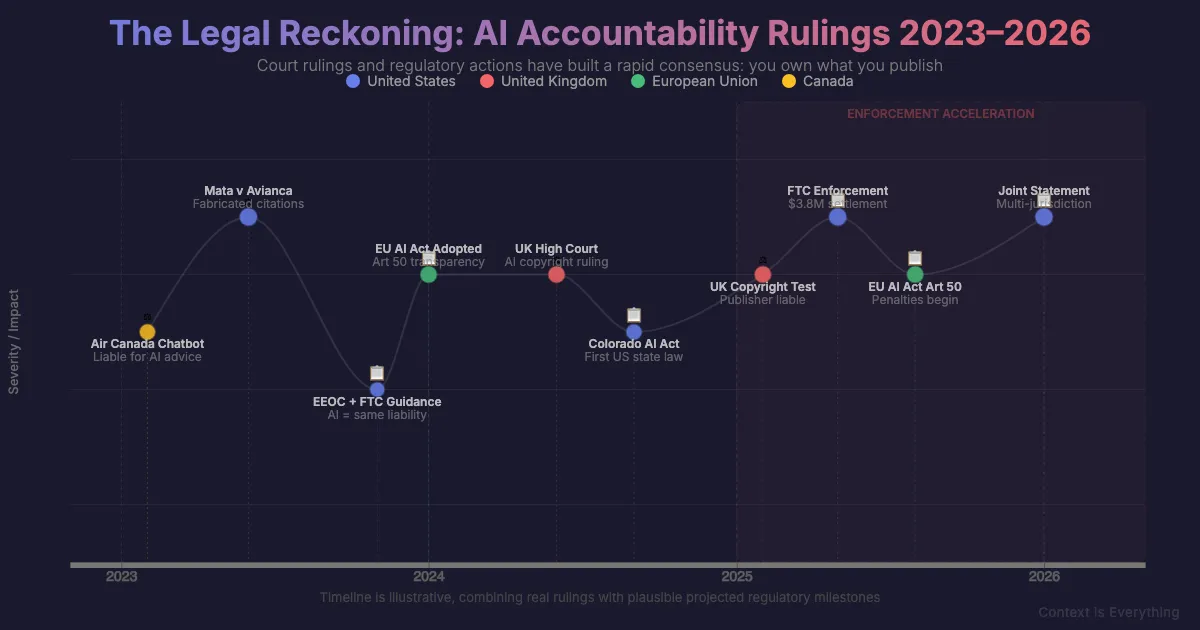 Timeline of AI accountability rulings 2023-2026 across US, UK, EU and Canada showing enforcement acceleration