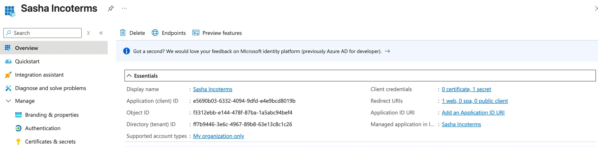 Azure API permissions page showing Microsoft Graph permissions