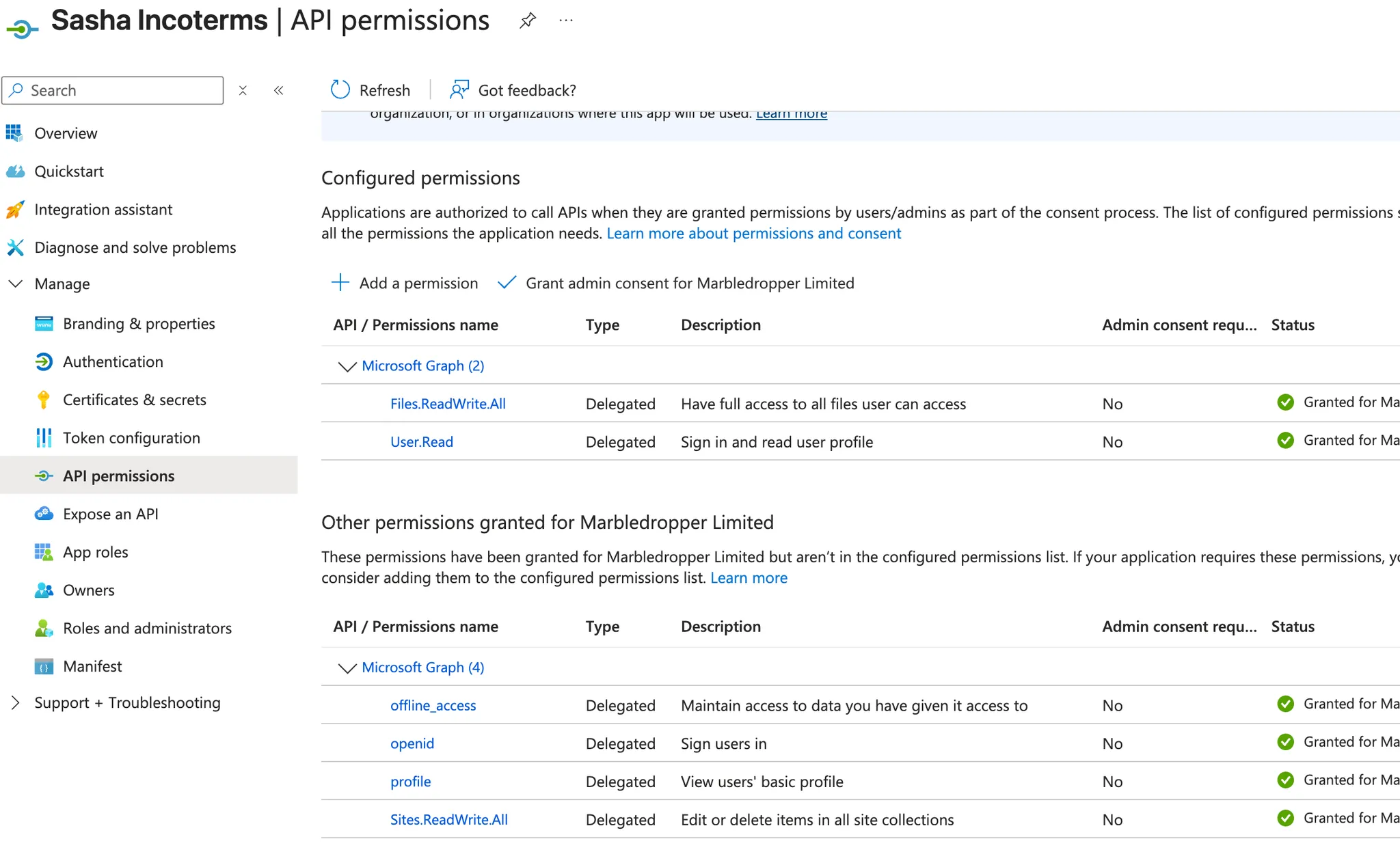 Azure App Registration Overview showing Application ID and Directory ID