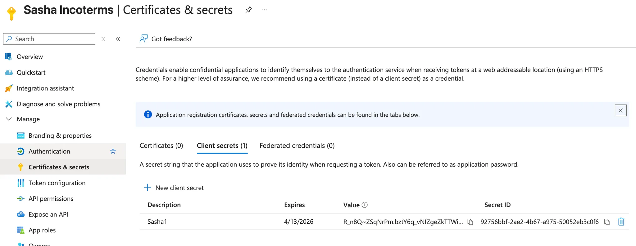 Azure Certificates & secrets page showing client secret configuration