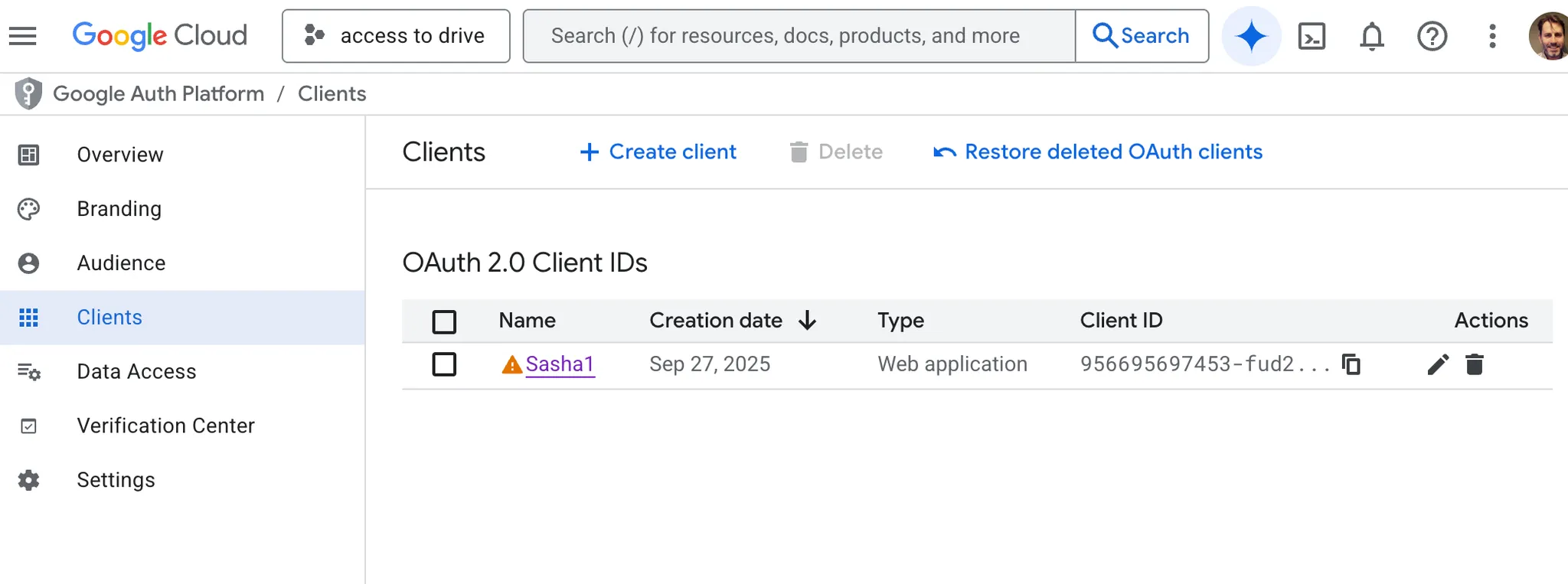 Google OAuth client created successfully showing Client ID and Secret