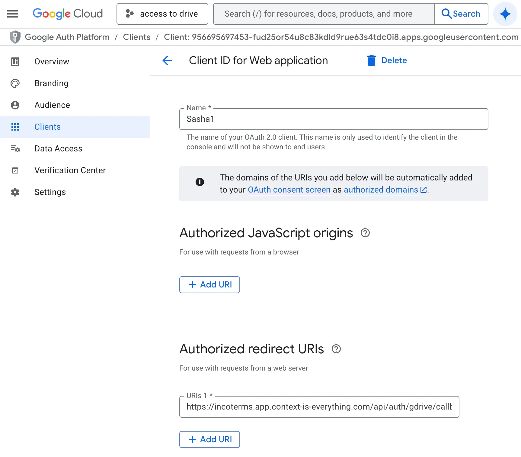 Google OAuth consent screen configuration