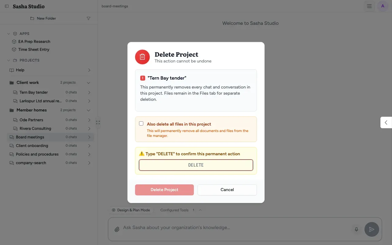 The Delete Project dialog for the Tern Bay tender project: the warning, the Also delete all files in this project box, and the box where you type DELETE to confirm
