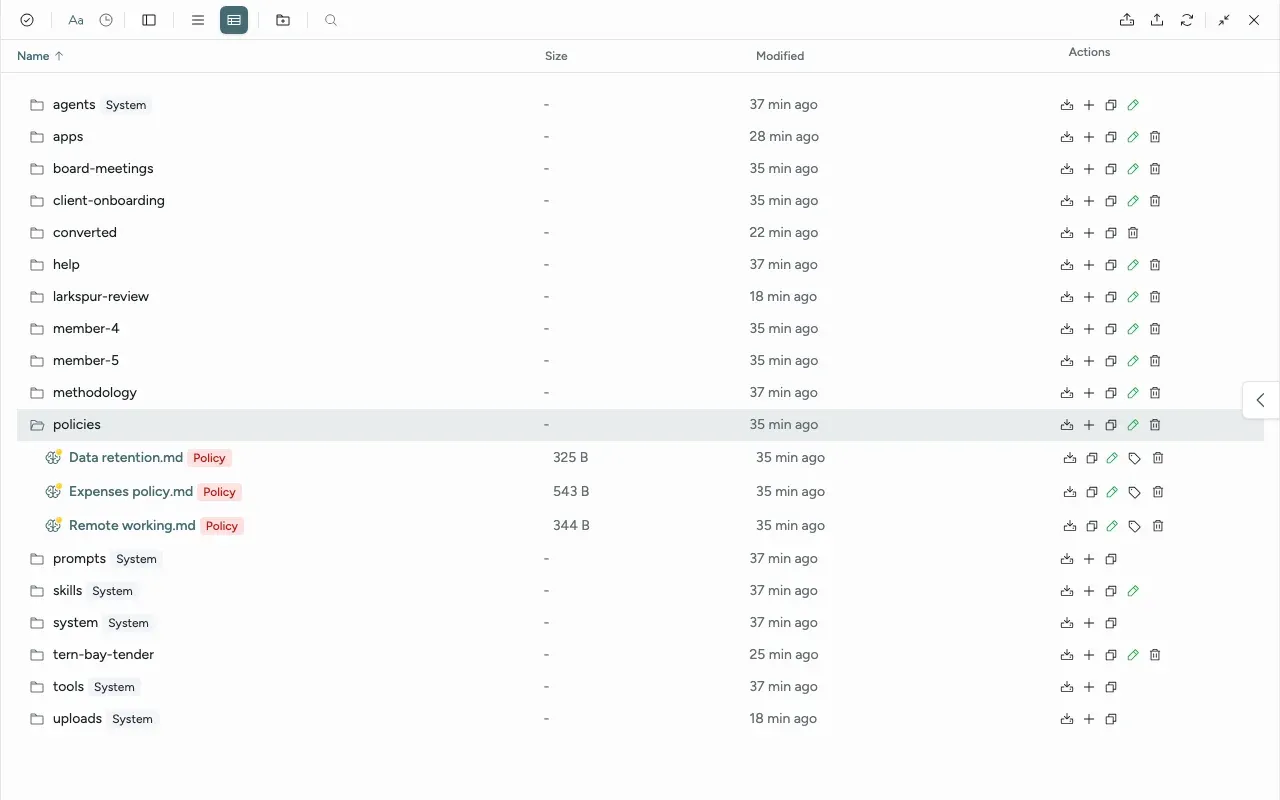 The Files panel, full screen, in Detailed view: the knowledge folders with System labels, and the policies folder open with three Policy documents and their size, date and actions