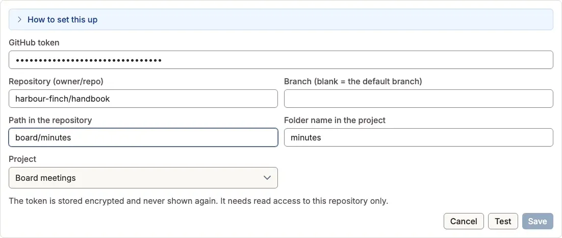 The Add synced folder form: the set-up steps, GitHub token, Repository, Branch, Path in the repository, Folder name in the project and Project, with Cancel, Test and Save