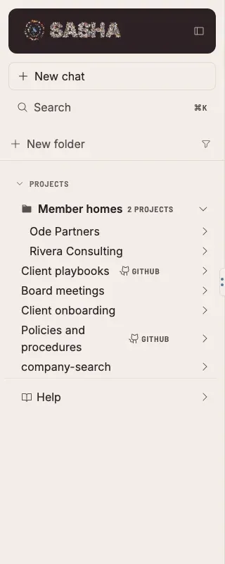 The side menu: the Client playbooks and Policies and procedures projects carry a small GitHub tag