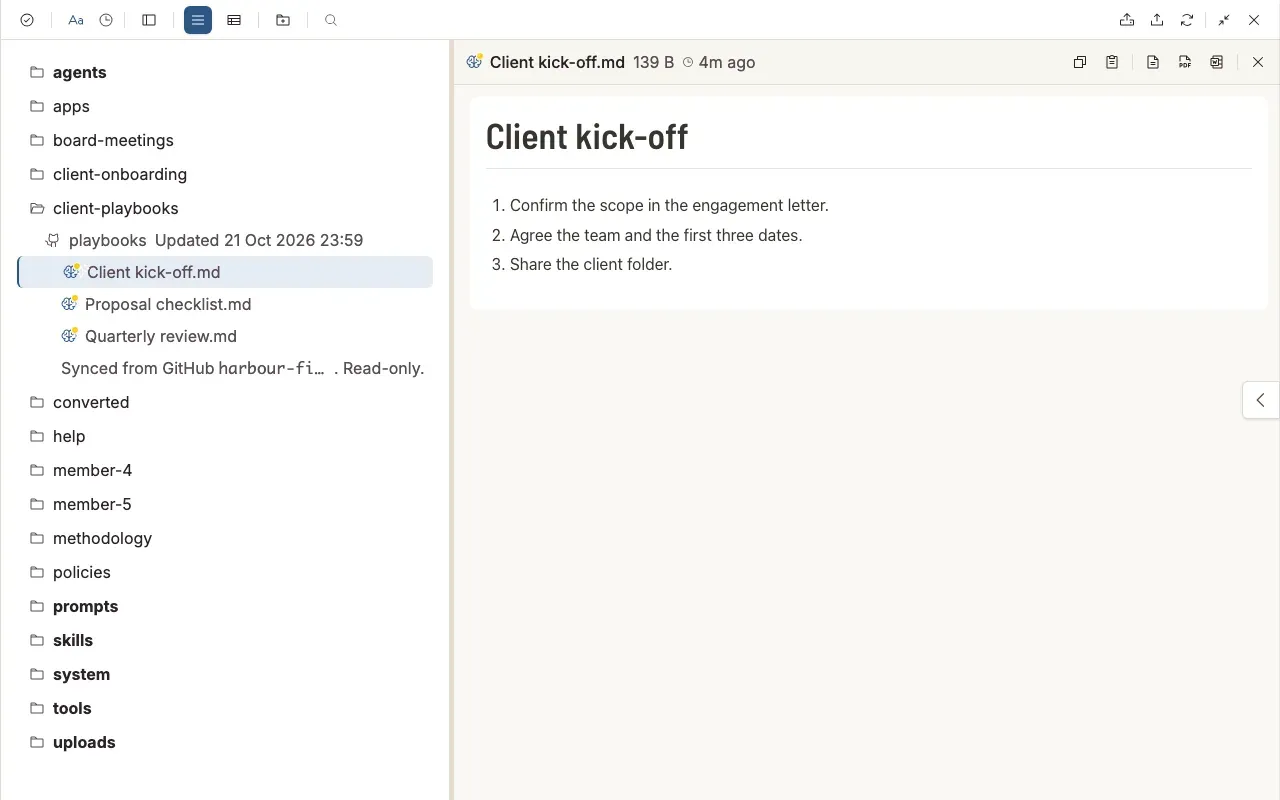 A file from a synced folder open in the document panel, next to the playbooks folder in the tree