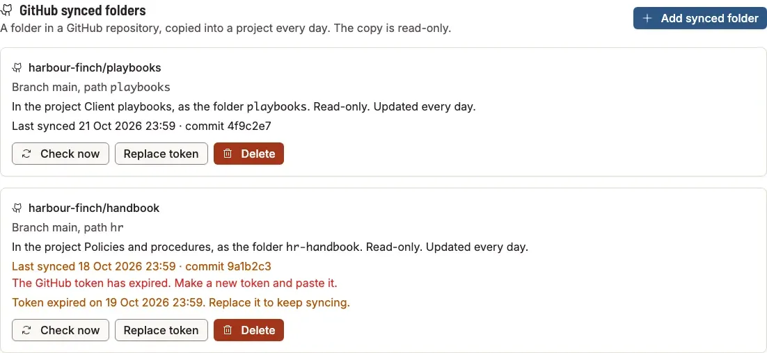 GitHub synced folders in Settings, Shared Drives: one card synced today, and one card with an old last sync, the error that the token has expired, and Check now, Replace token and Delete