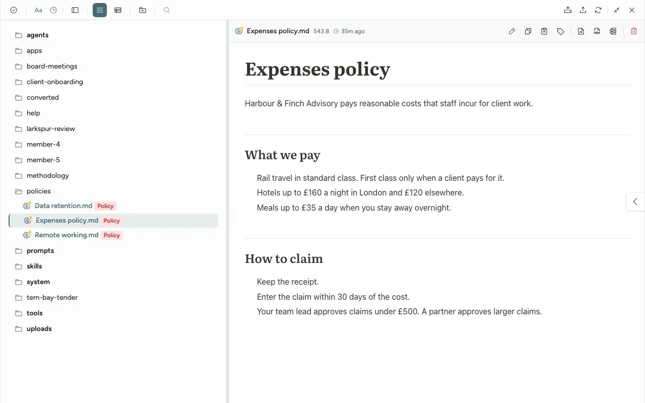 The Files panel showing a preview of the Expenses policy document, with the edit, copy, tag, download and delete buttons above it