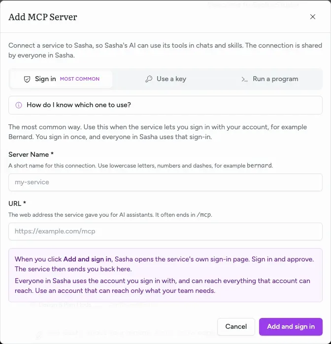 The Add MCP Server form on the Sign in tab: the three tabs, the