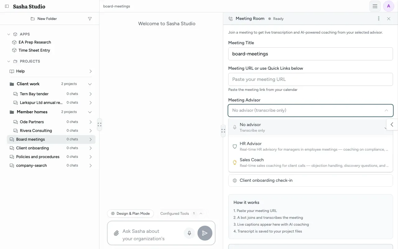 The Meeting Advisor list open: No advisor, HR Advisor and Sales Coach, each with a short description
