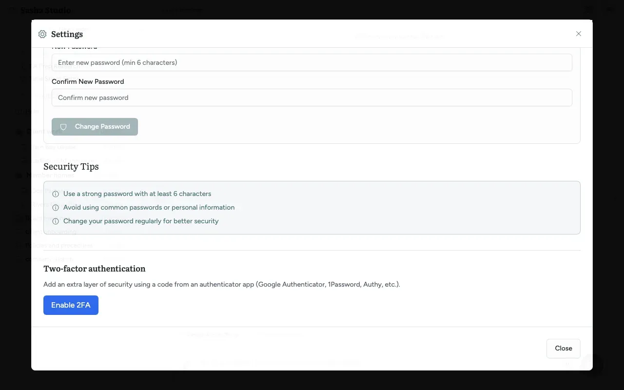 Settings, My Account, Security tab: the security tips and the two-factor authentication block with the Enable 2FA button