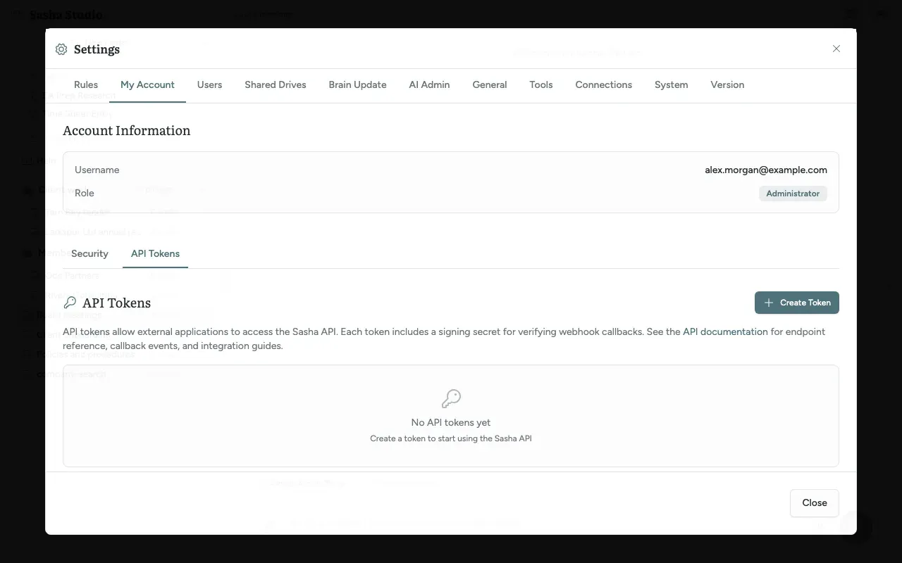 Settings, My Account, API Tokens tab: the list of your API keys and the Create Token button