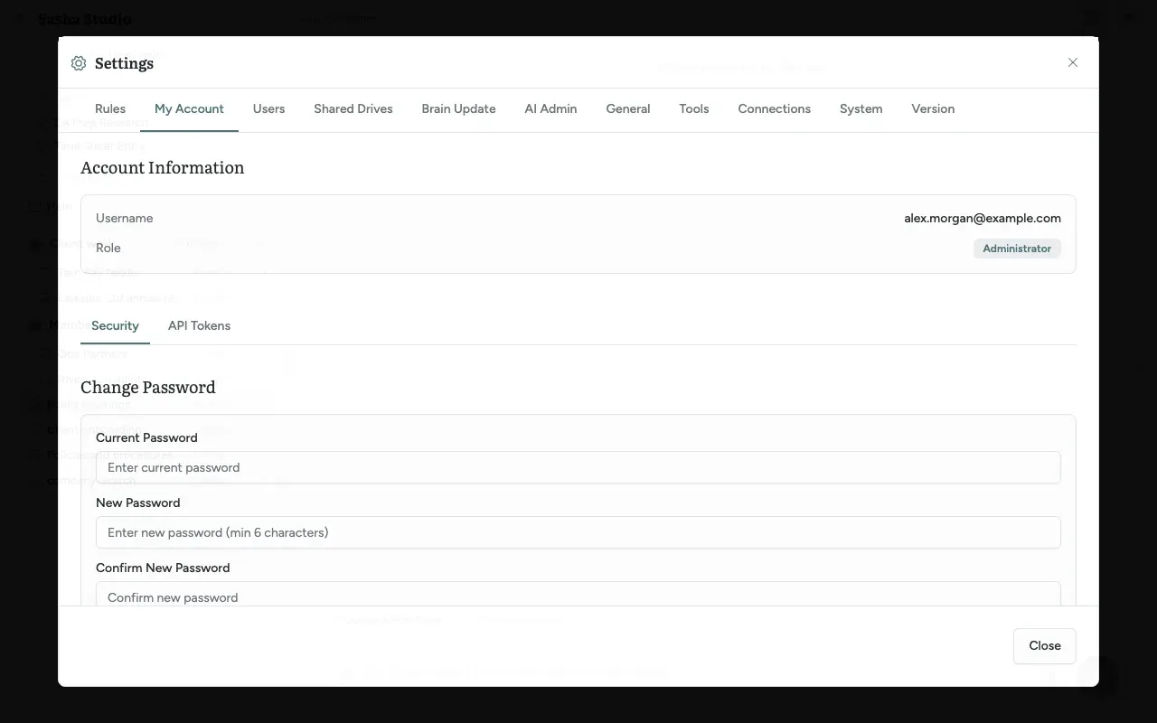 Settings, My Account, Security tab: the Change Password form with current, new and confirm password boxes
