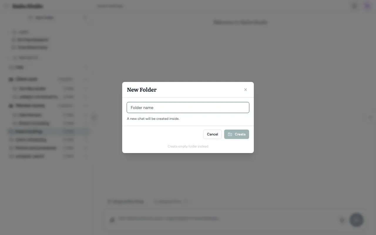 The New Folder dialog: the Folder name box, the Cancel and Create buttons, and the Create empty folder instead link