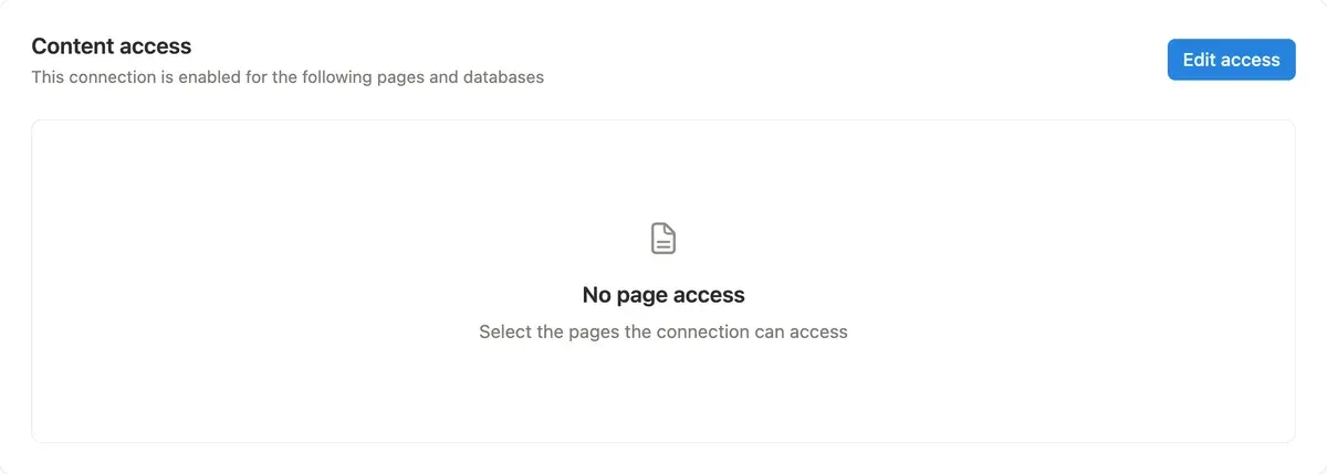 The Content access tab of a new Notion connection: No page access, with the Edit access button