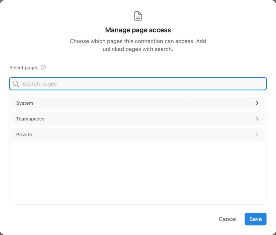 Notion's Manage page access dialog: Search pages, and the System, Teamspaces and Private groups, with Cancel and Save