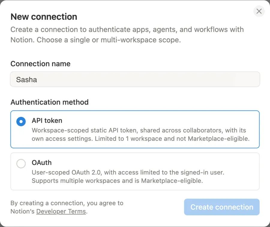 Notion's New connection dialog: Connection name, and Authentication method with API token chosen, and the Create connection button