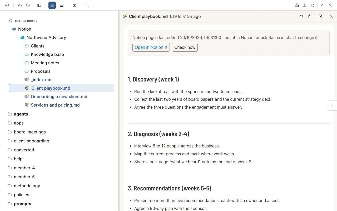 A Notion page open in the document panel: the Client playbook next to the Notion folder in the tree, with the bar that says when it was last edited, Open in Notion and Check now