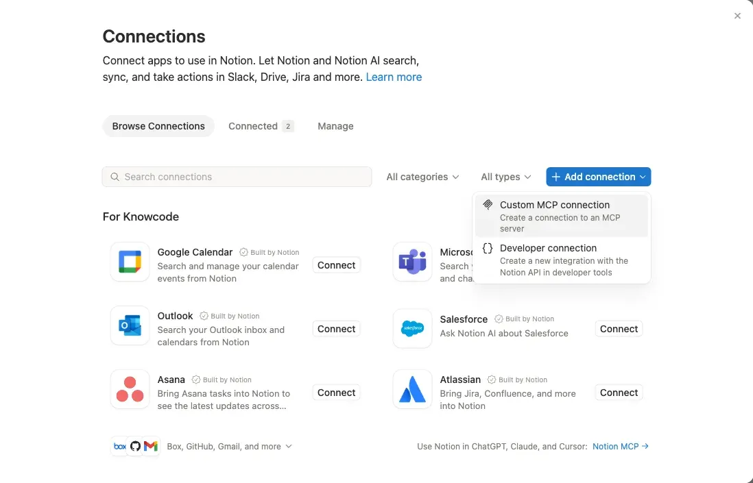 Notion, Settings, Connections: the + Add connection menu open, with Custom MCP connection and Developer connection