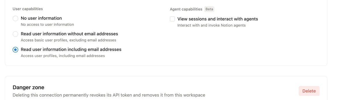 User capabilities on the Configuration tab: No user information, Read user information without email addresses, and Read user information including email addresses