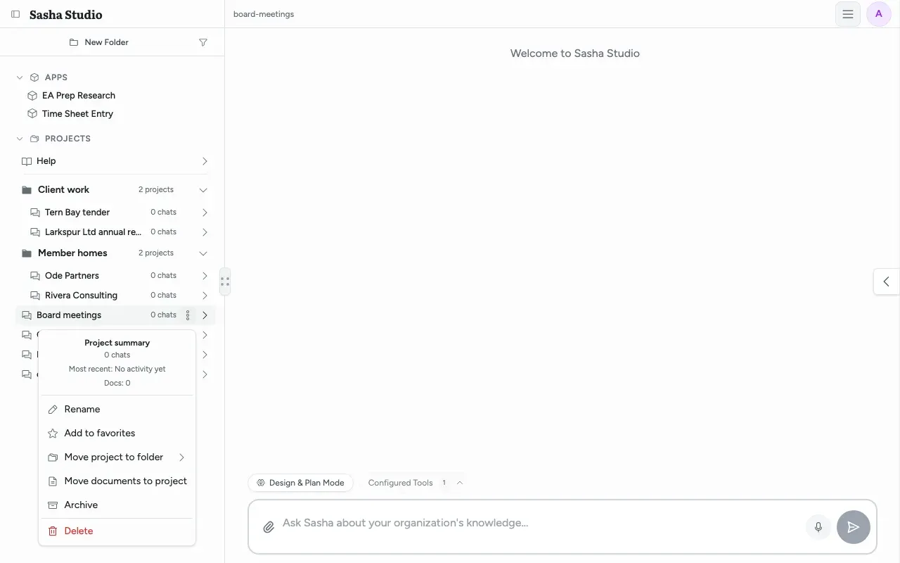 The three-dot menu of the Board meetings project: the Project summary with chats, most recent activity and Docs, then Rename, Add to favourites, Move project to folder, Move documents to project, Archive and Delete