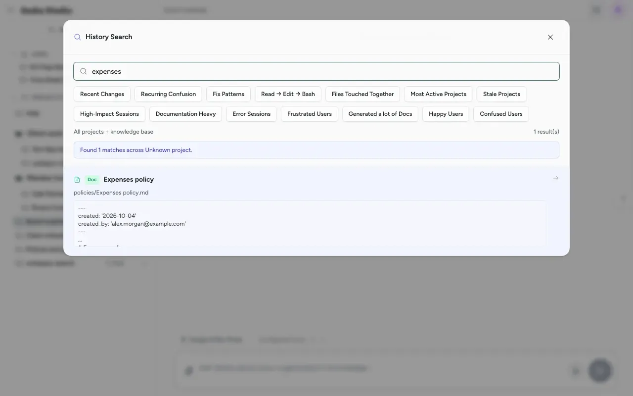 Search Chats with the word expenses: the preset searches, and one document result, the Expenses policy, with its path and the start of its text