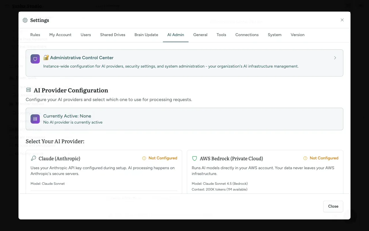 Settings, AI Admin tab: the three provider cards (Claude, AWS Bedrock and Claude Subscription), none configured