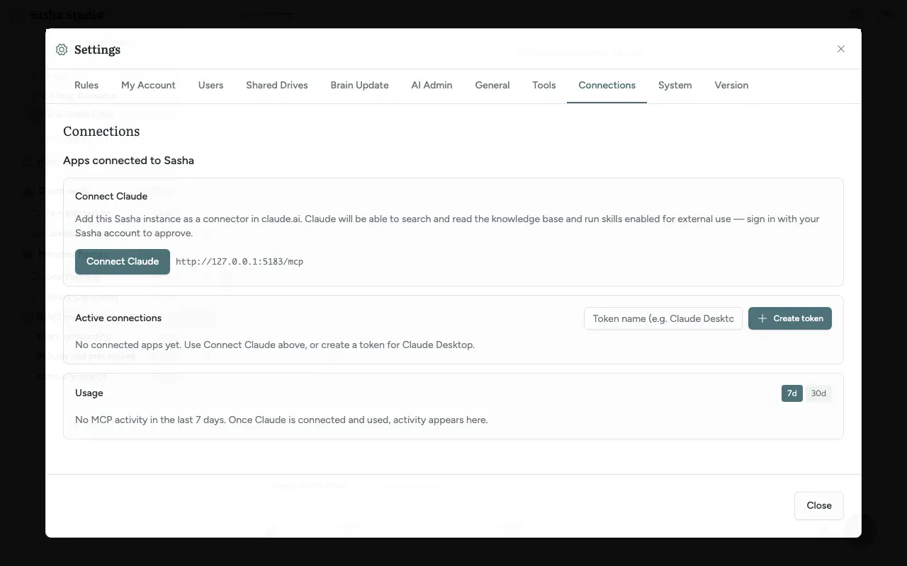 Settings, Connections tab: the Connect Claude card, Active connections with the token name box, and the Usage card
