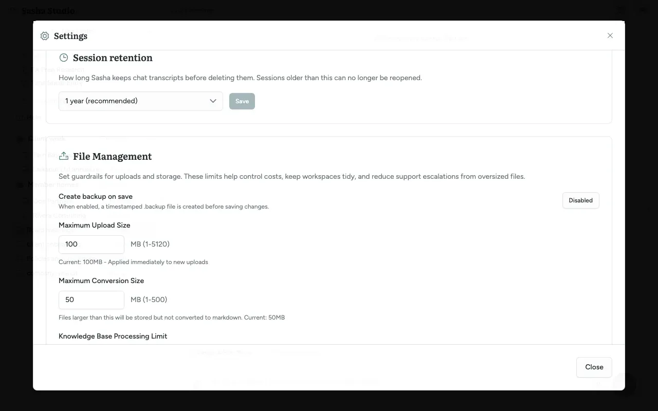 Settings, General tab: Session retention, where an admin chooses how long chat transcripts are kept