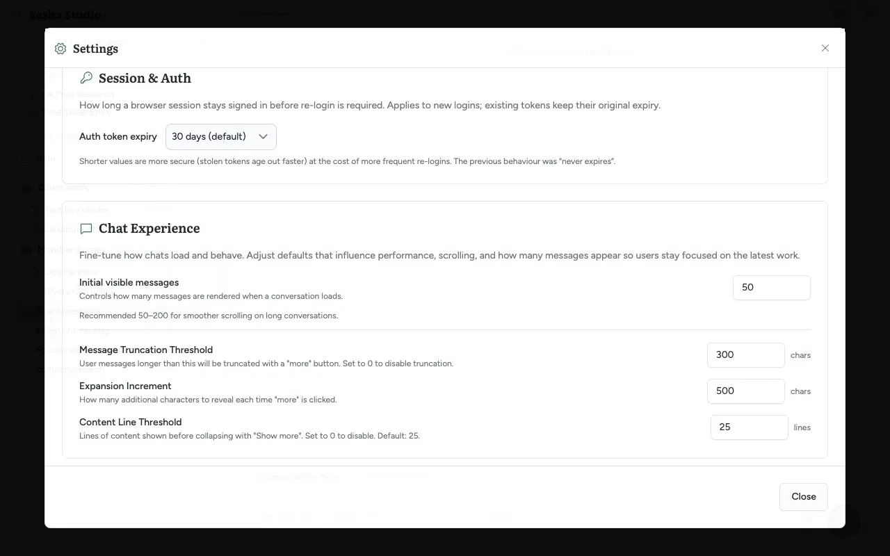 Settings, General tab: Session & Auth, where an admin chooses how long a sign-in lasts