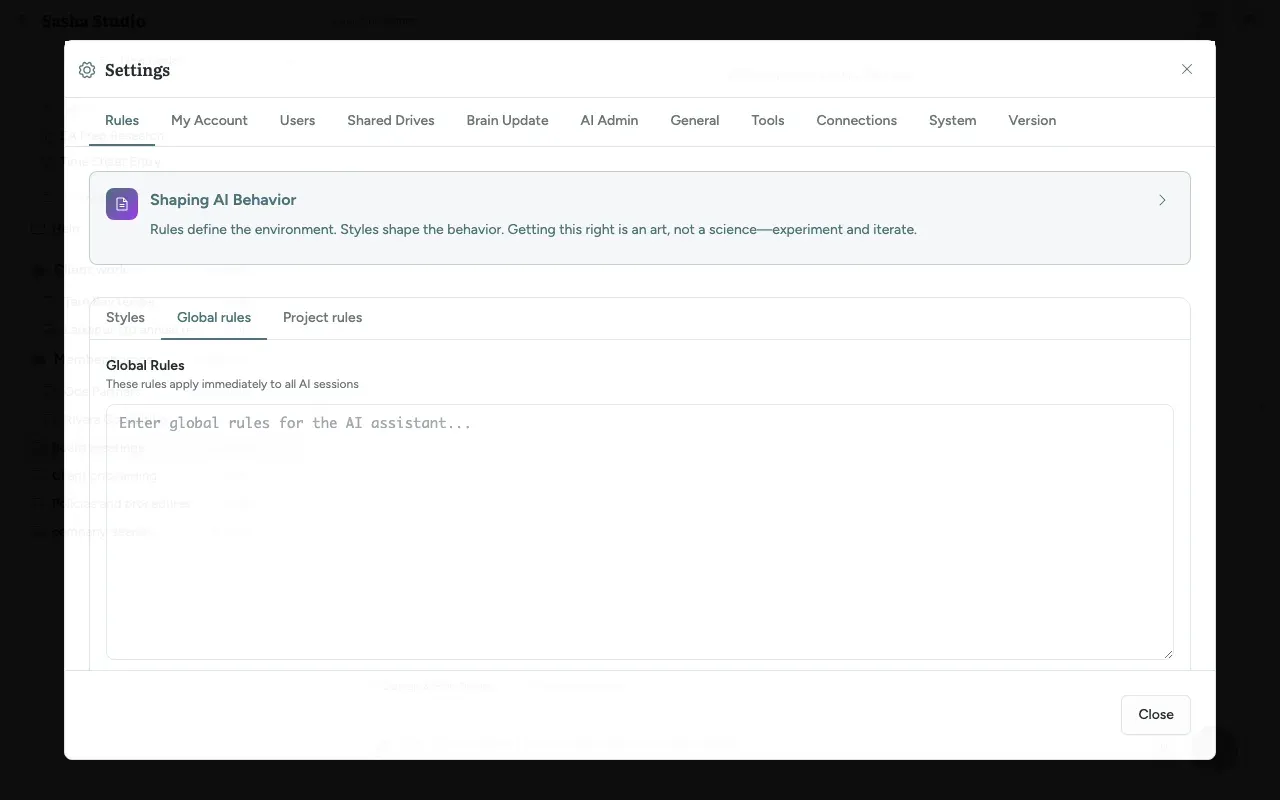 Settings, Rules tab, Global rules: the box for the instructions Sasha follows in every chat
