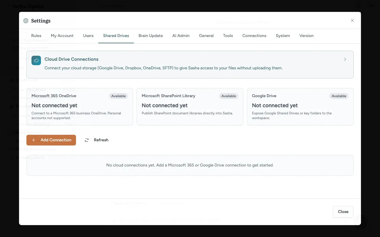 Settings, Shared Drives tab: the three provider cards (OneDrive, SharePoint and Google Drive) and the Add Connection button
