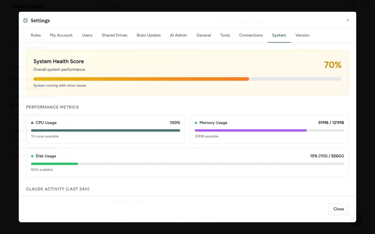 Settings, System tab: the health score, performance metrics and service status