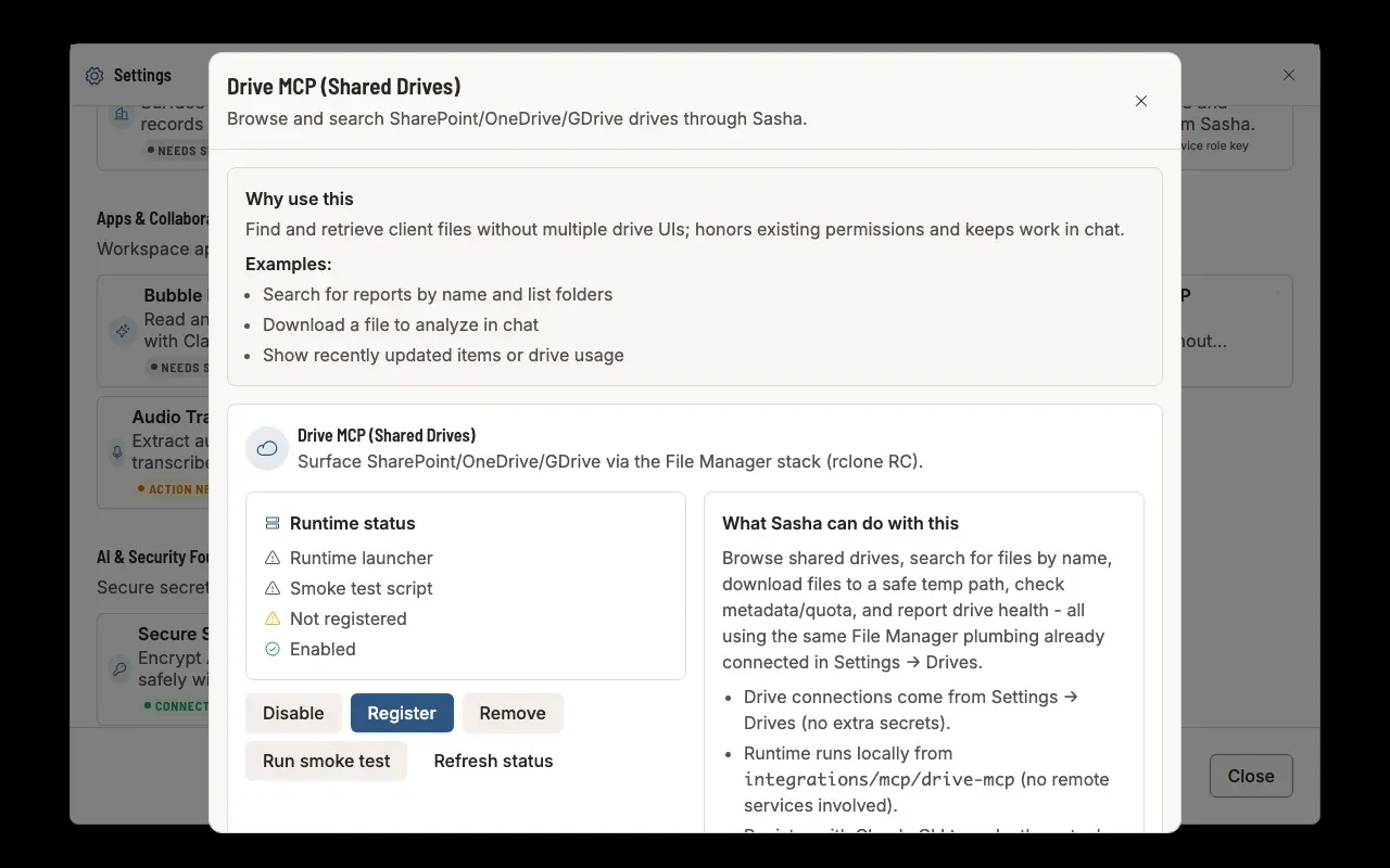 The Drive MCP (Shared Drives) card opened from Settings, Tools: Why use this, the runtime status, and the Enable, Register, Remove and Run smoke test buttons