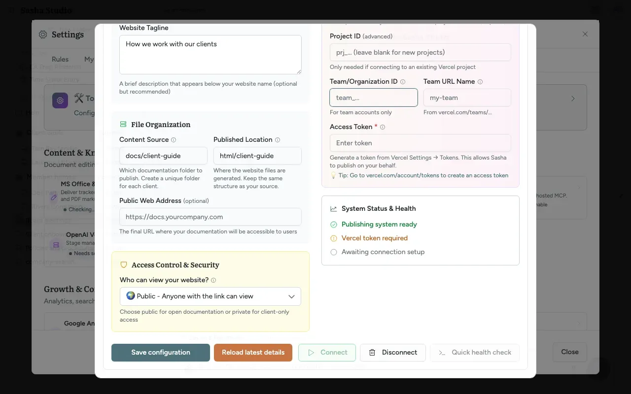 Settings, Tools, Web Publishing Configuration: who can view the website, and the Vercel hosting settings with an empty token box