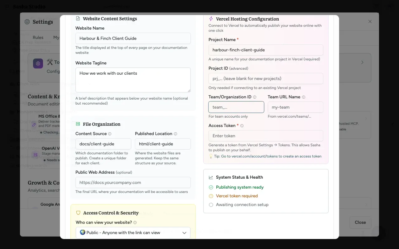 Settings, Tools: the Web Publishing Configuration dialog with the website name, tagline and folder settings