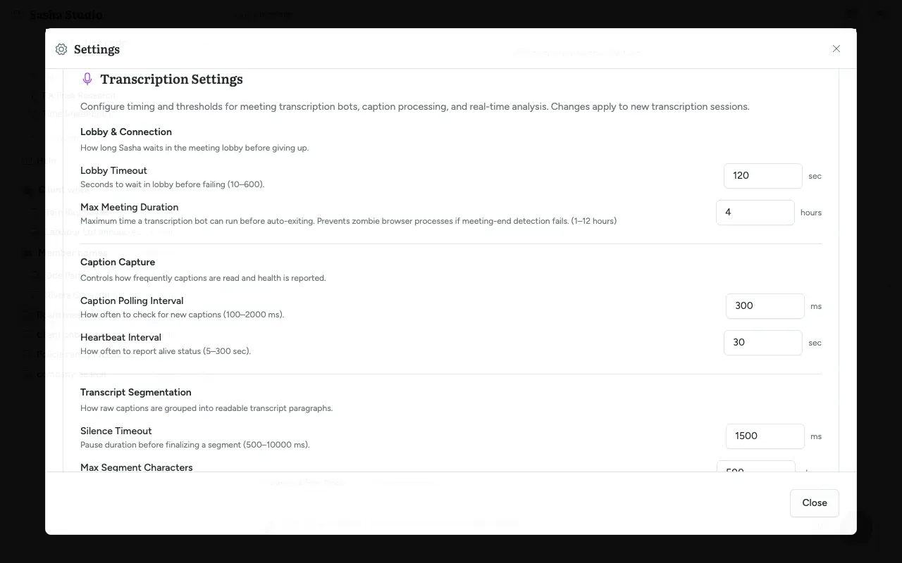 Settings, General tab, Transcription Settings: Lobby Timeout, Max Meeting Duration and the caption capture values