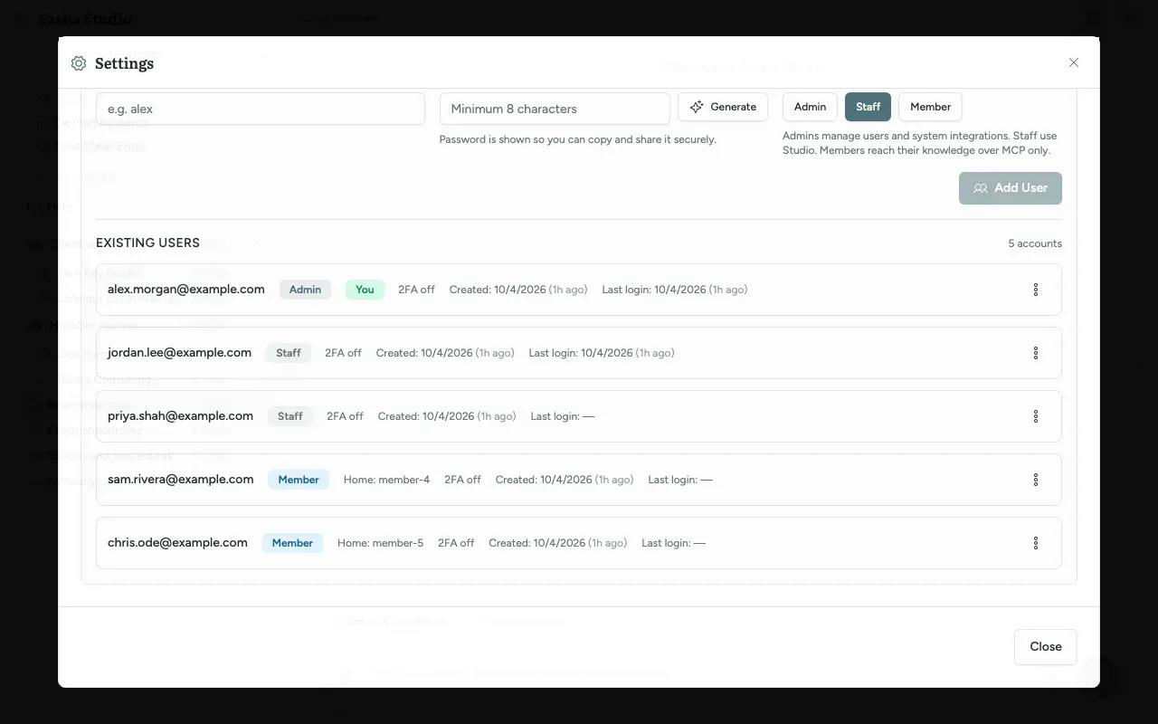 Settings, Users tab: the existing users, each with a role badge, 2FA state and the three-dot menu; members show their home