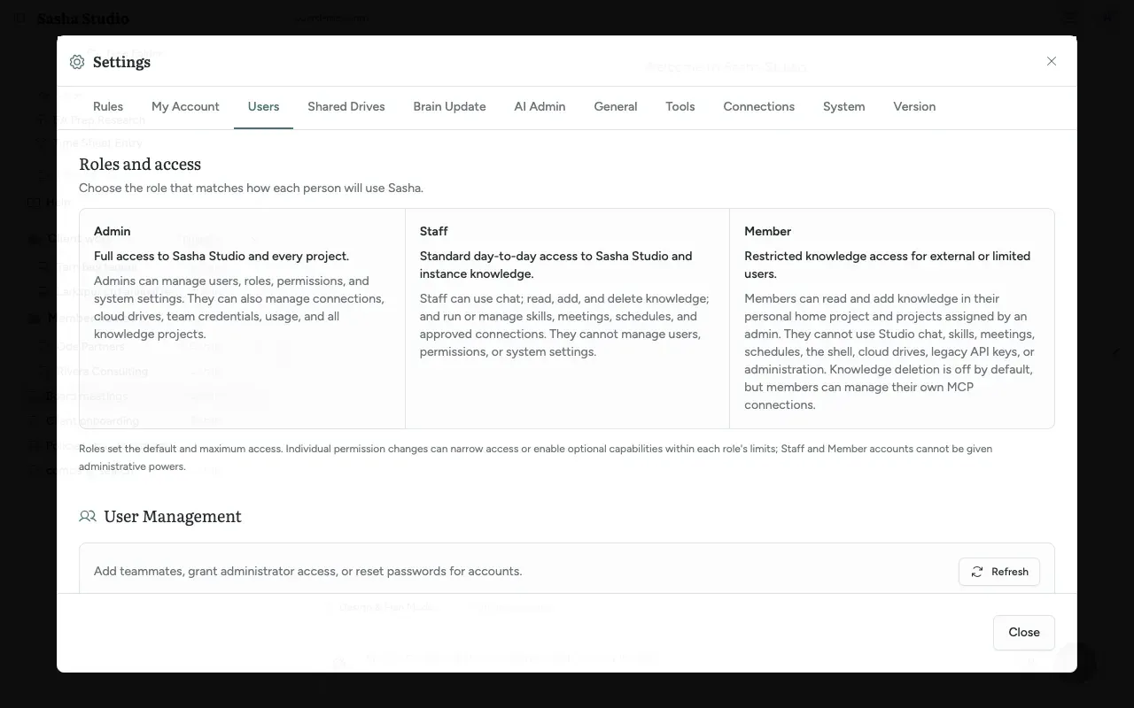 Settings, Users tab: the roles summary, the form to add a person, and the list of existing users with their roles