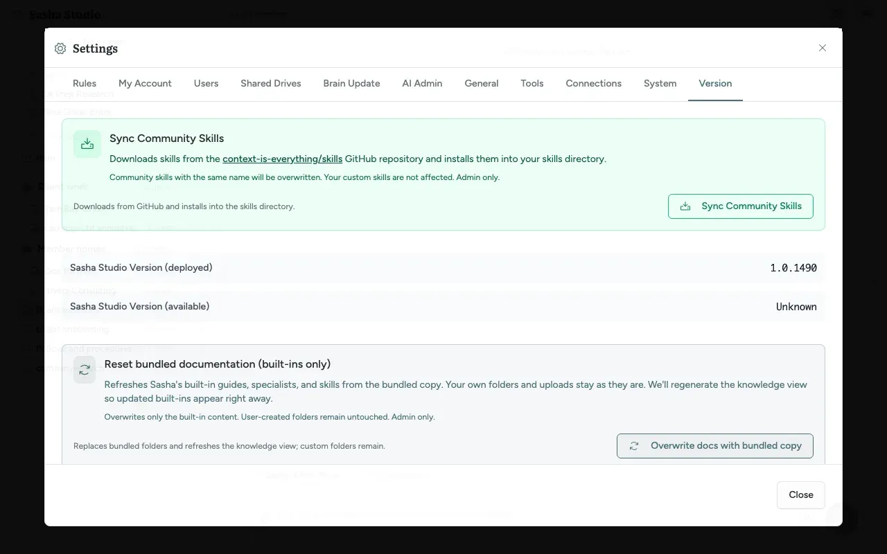 Settings, Version tab: the deployed and available versions and the maintenance actions