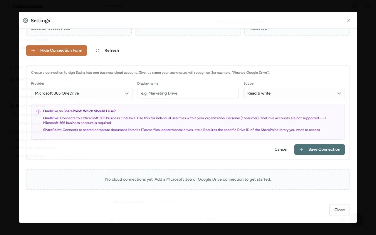 The new connection form on the Shared Drives tab: Provider, Display name and Scope, with Save Connection