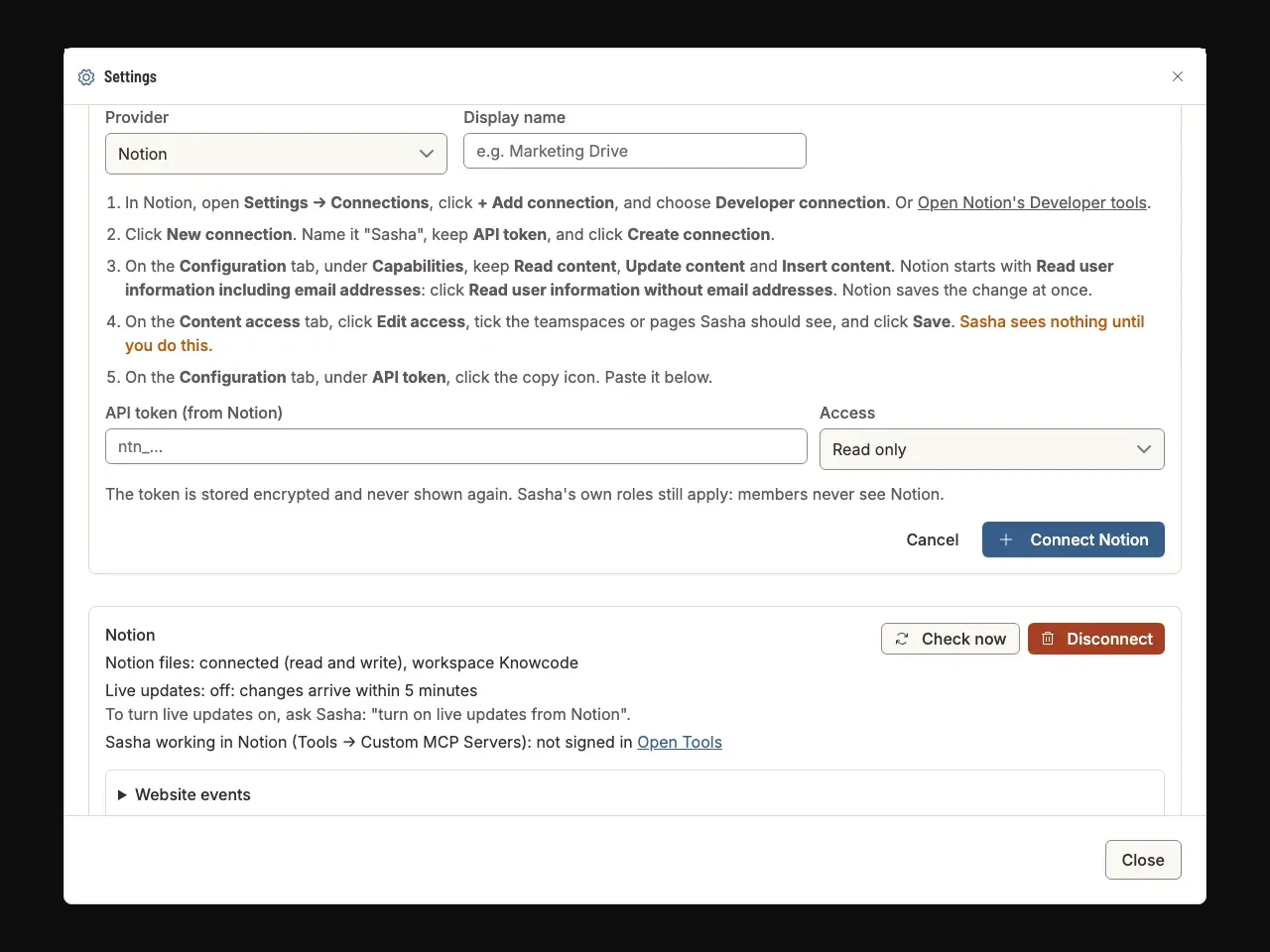 The Add Connection form with Notion chosen: the five numbered steps for Notion, the API token (from Notion) field, Access, and Connect Notion