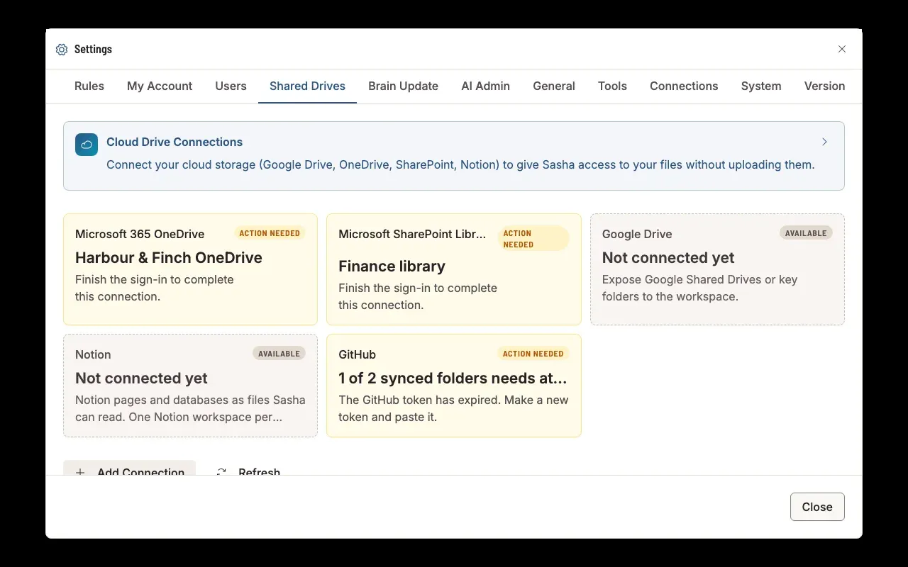 Settings, Shared Drives tab: five tiles for OneDrive, SharePoint, Google Drive, Notion and GitHub, each with its state, and the Add Connection button