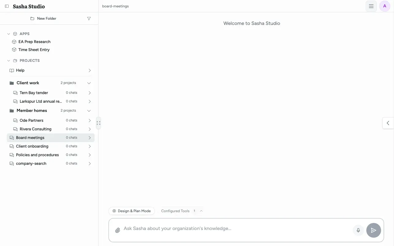 The side menu with the Apps section open above the projects, listing EA Prep Research and Time Sheet Entry