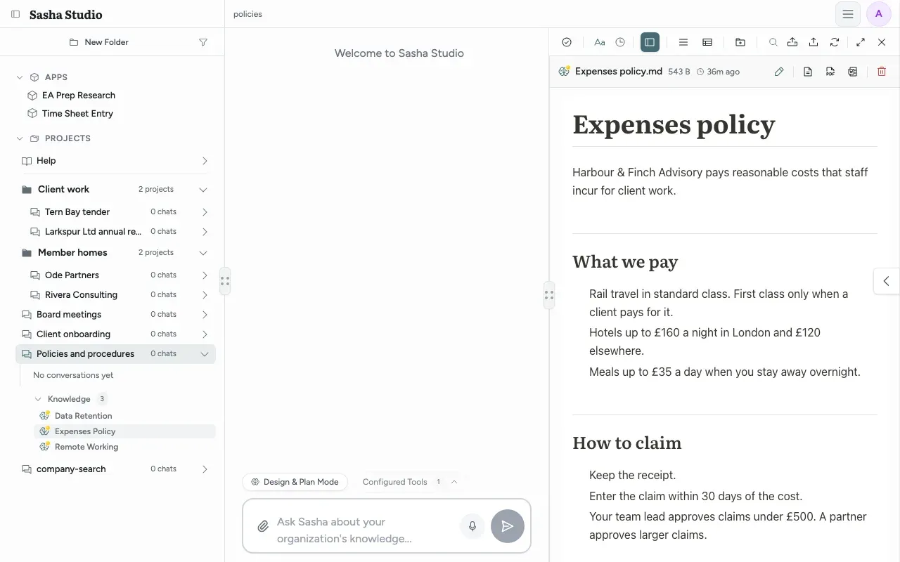 The Knowledge list under the Policies and procedures project in the side menu, with the Expenses policy open in the Files panel