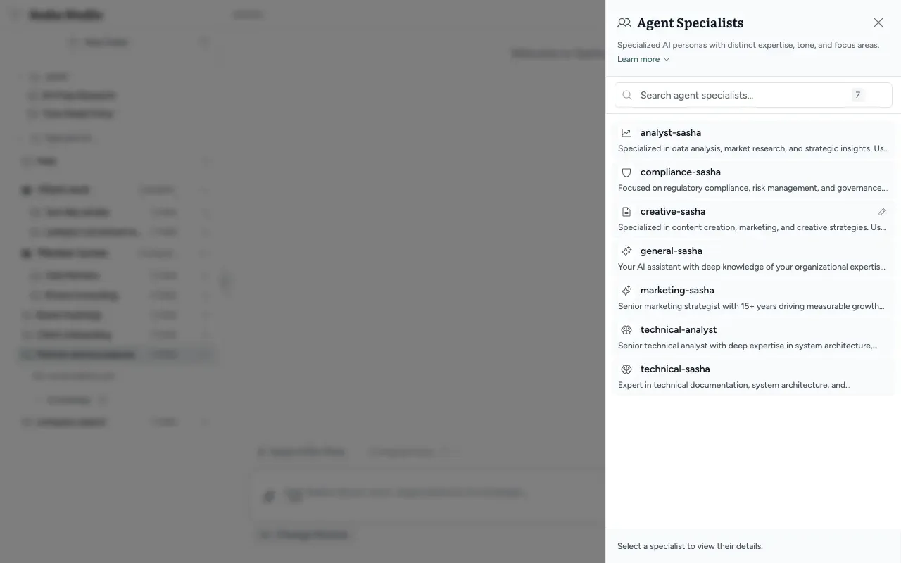 The Agent Specialists panel: a search box and the list of specialists, each with a short description