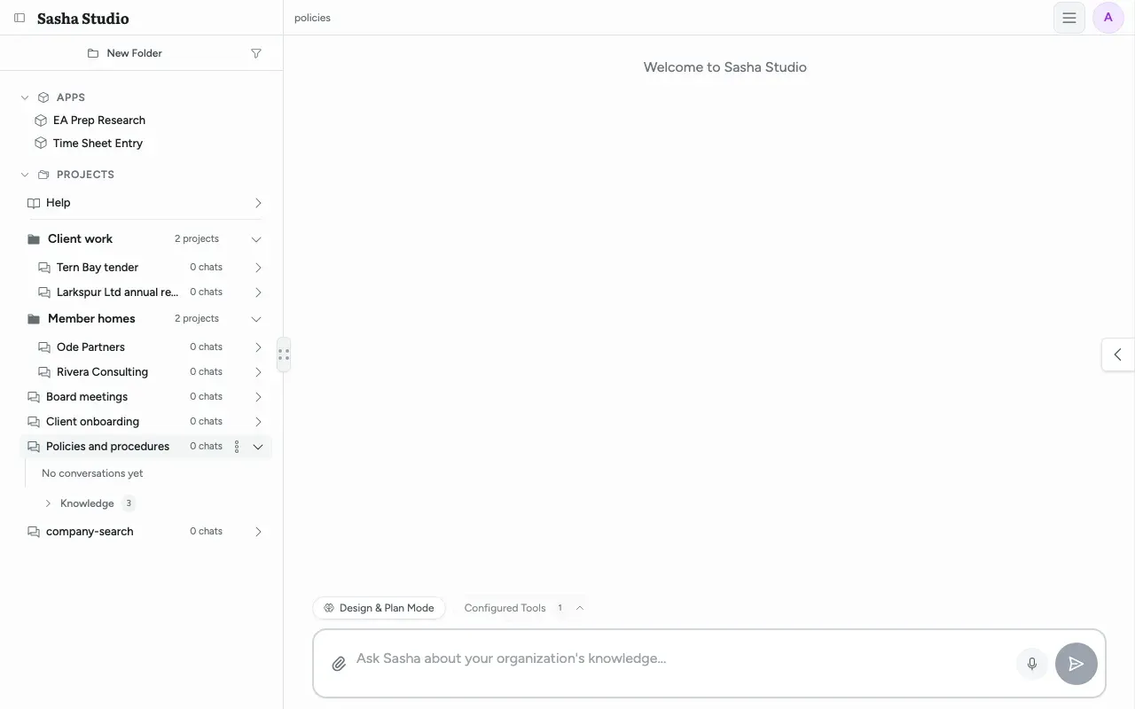 An empty chat in the Policies and procedures project: the Design & Plan Mode and Configured Tools buttons above the message box, with the attach, microphone and send buttons