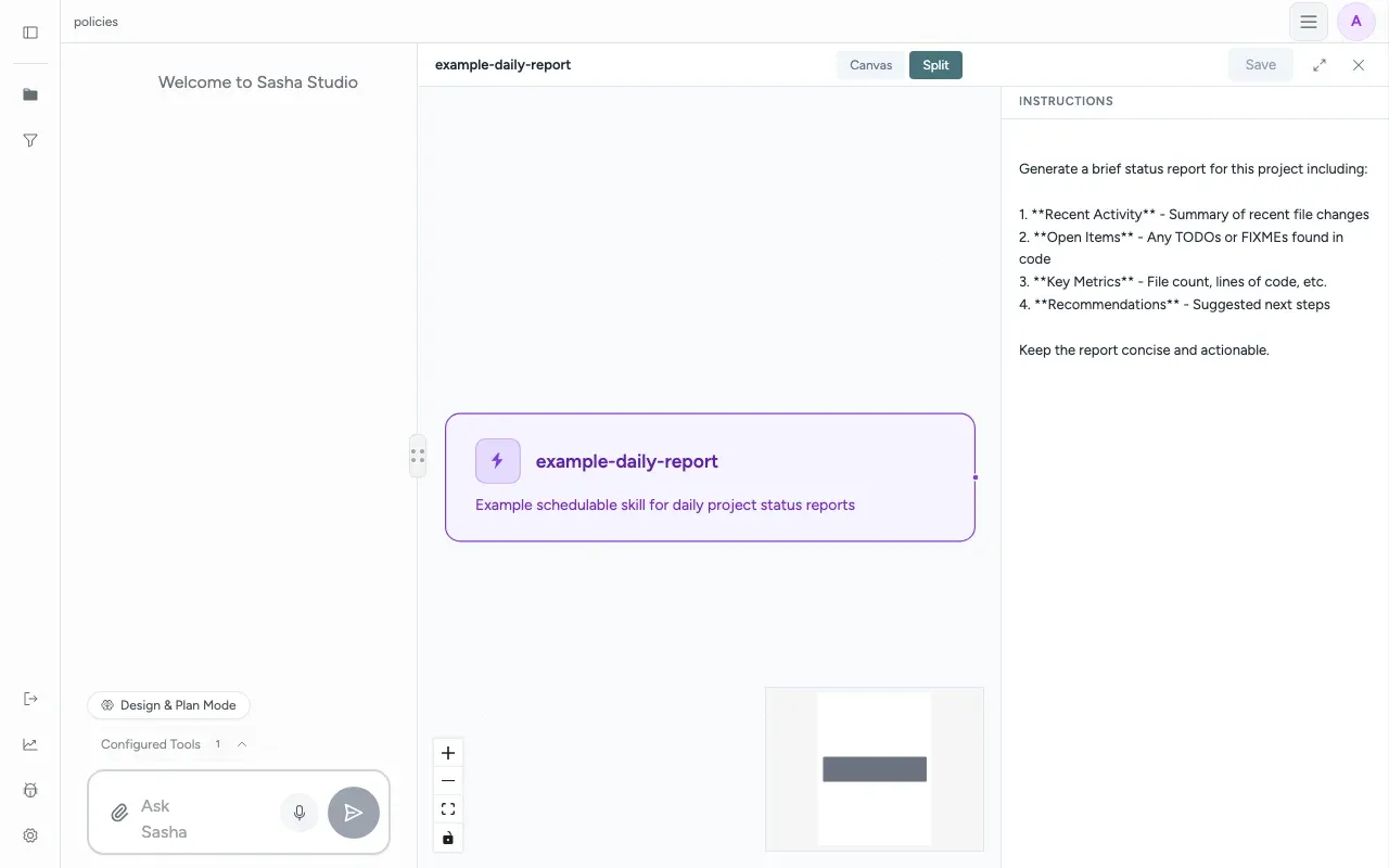 The editor in Split view for a plain skill: one node on the canvas, and the Instructions box where you edit the skill's text