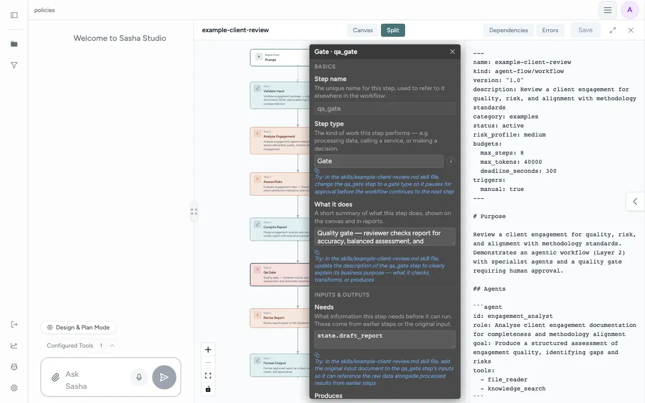 The editor in Split view for a sample workflow: the steps on the canvas, the step inspector for a Gate step, and the workflow file as read-only text